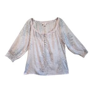 SUNDANCE Women's M Peasant Blouse Pastel Pink Gray Semi Sheer Smocked Cuff 38"